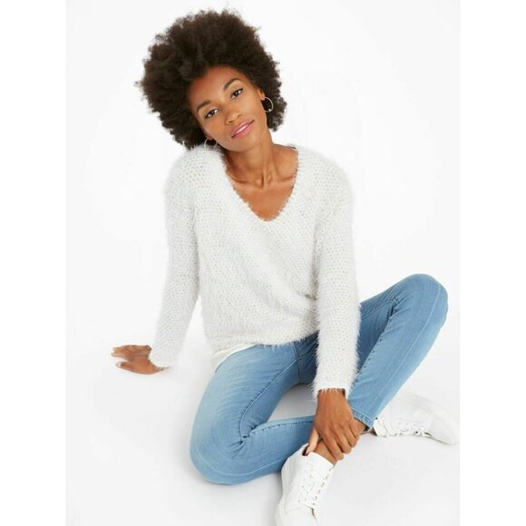 Nic+Zoe Womens Neutral Mix The Right Fluff V Neck Pullover Sweater - Picture 1 of 5